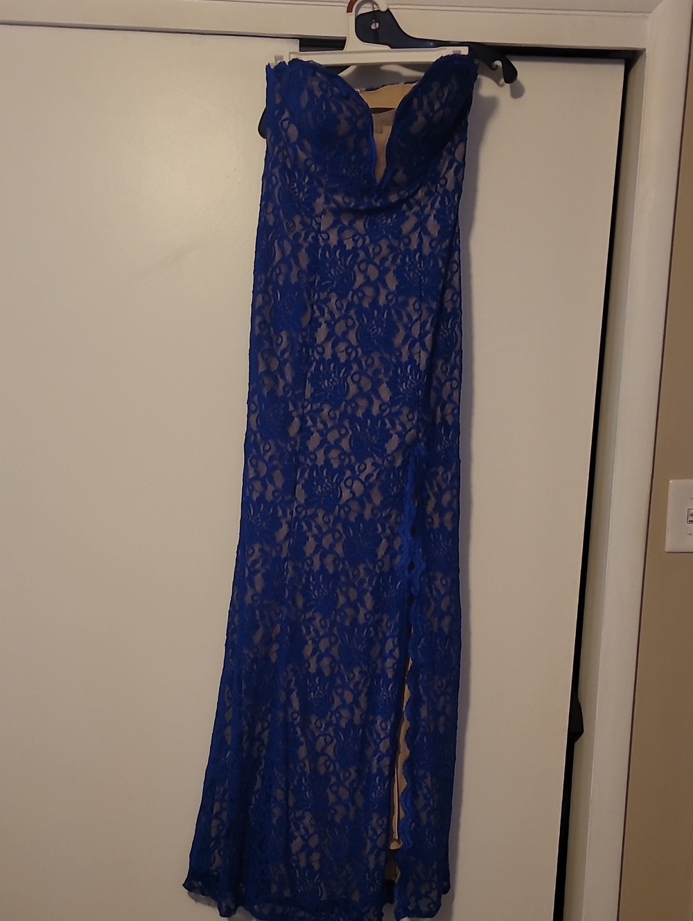Xscape Elegant Royal Blue Lace Strapless Evening Dress